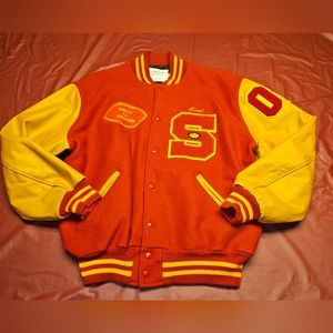 Sports Bomber/Starter Jacket "Cecil" Letterman Red & Gold szXL New Virgin Wool